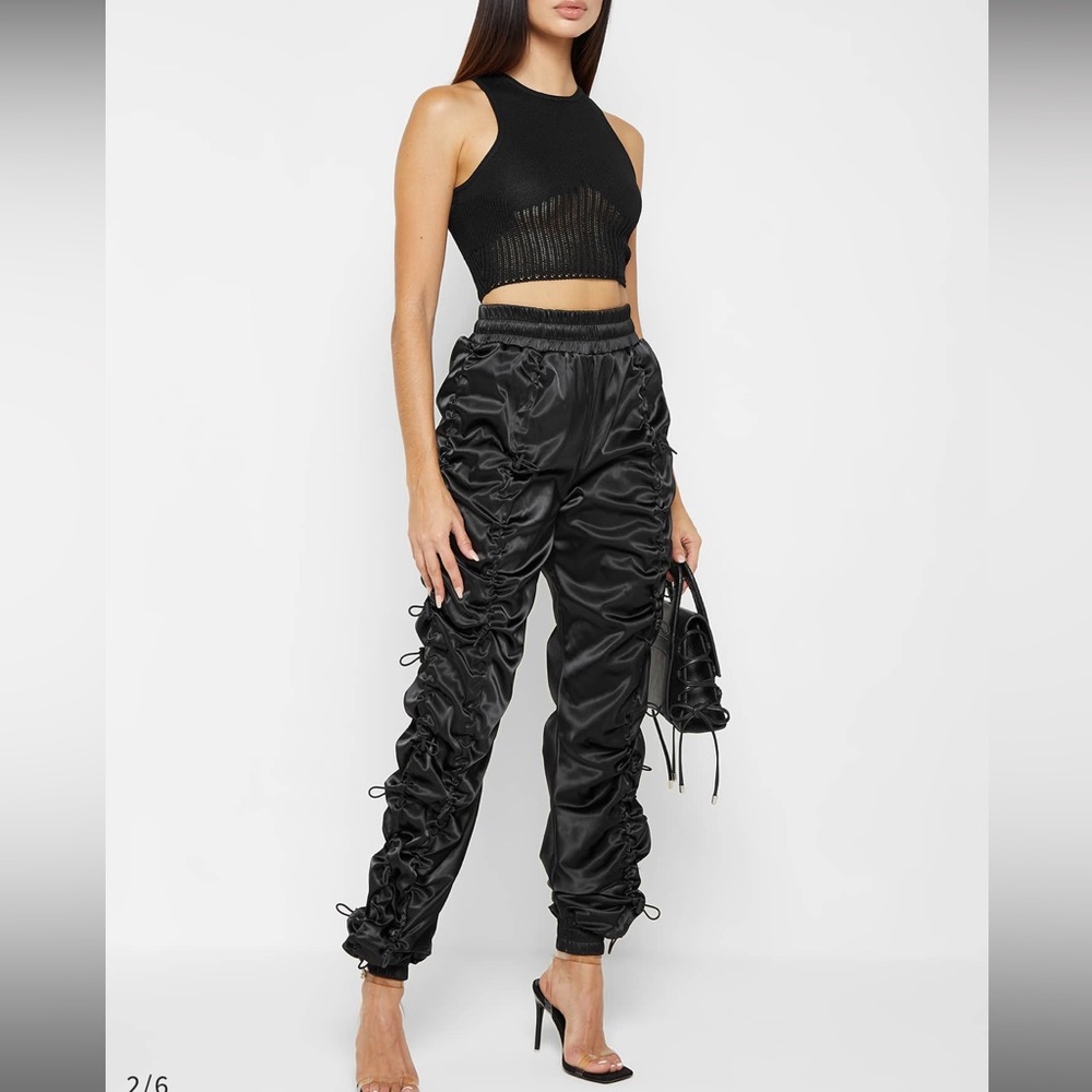 MANIERE DE VOIR Black satin Ruched cargo women Pants Size 6